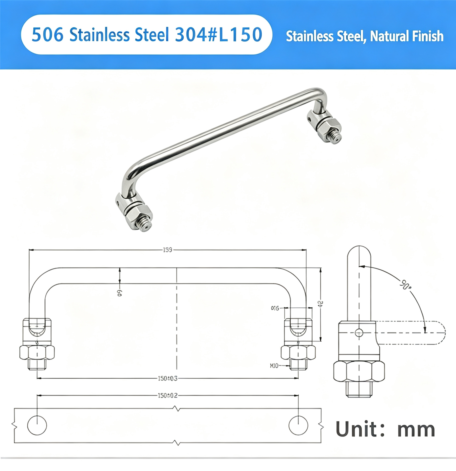 304 Stainless Steel Folding U-Handle with Swivel Mounts – Rotatable Pull Handle for Industrial Cabinets, Equipment Doors and Machinery - Image 5
